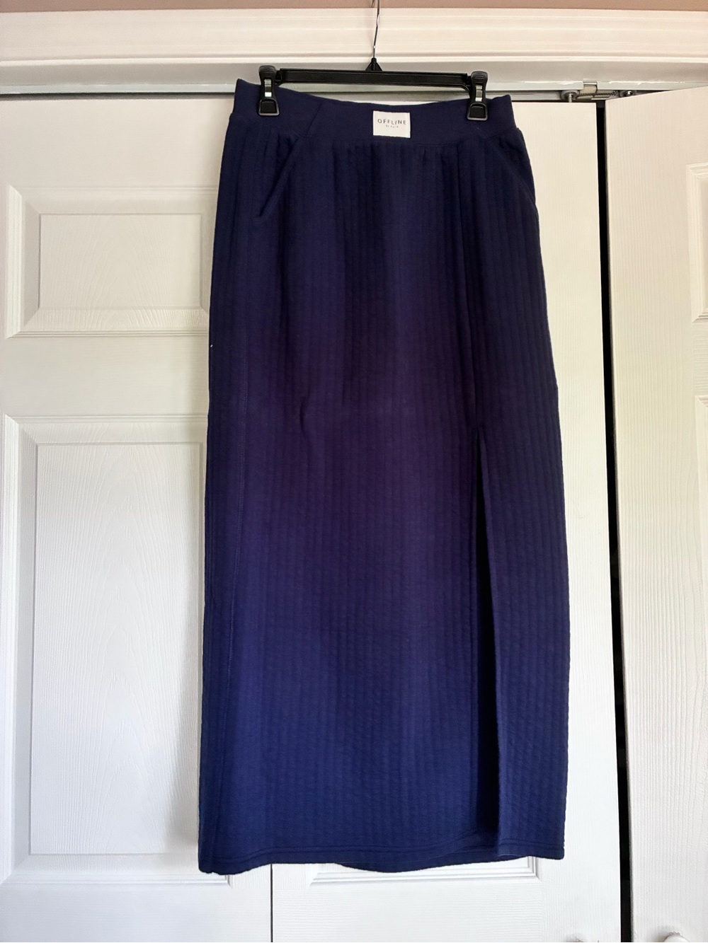 Officine Ribbed Navy Maxi Skirt with Side Slit